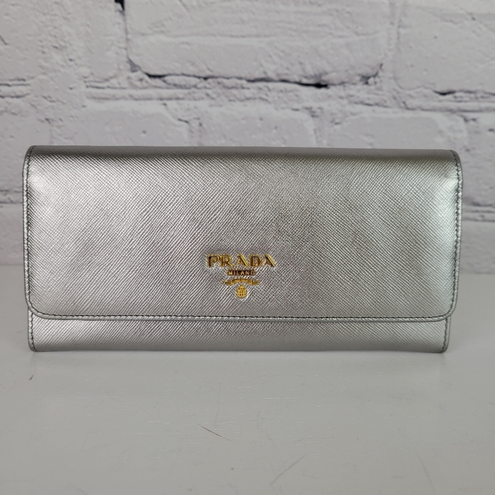 PRADA Silver Saffiano Continental Flap Wallet